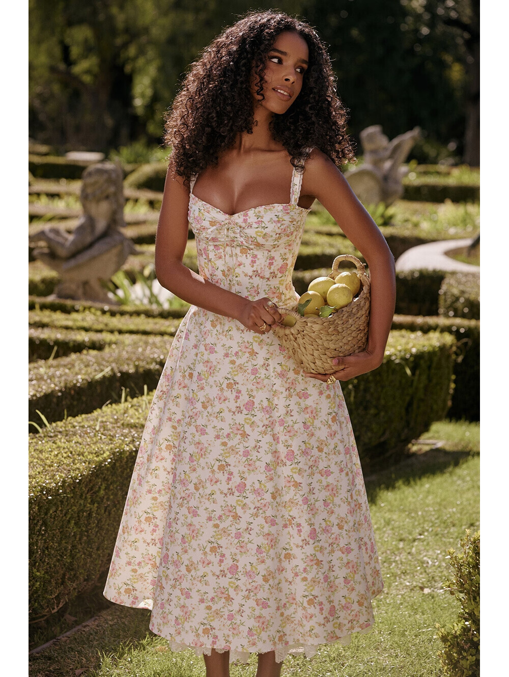 NEW, House of CB Rosalee ivory meadow print cotton bustier sundress L+ #MD2574